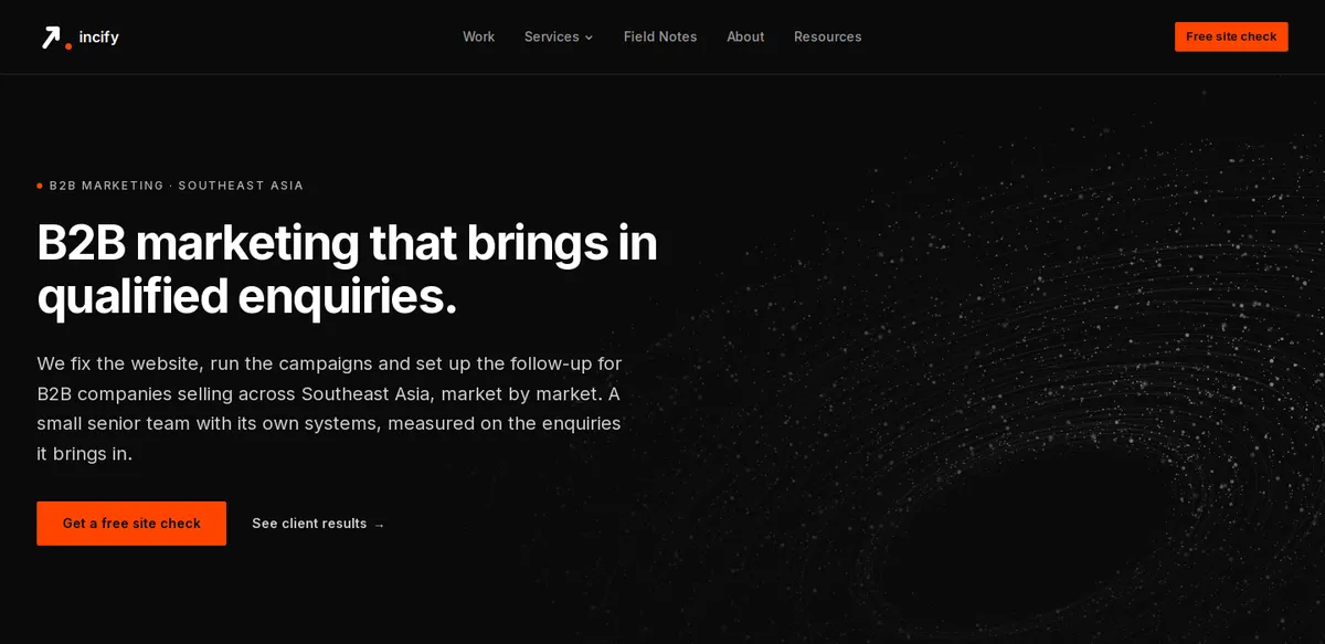 Halaman beranda Incify: marketing B2B untuk Asia Tenggara di atas latar gelap bercahaya