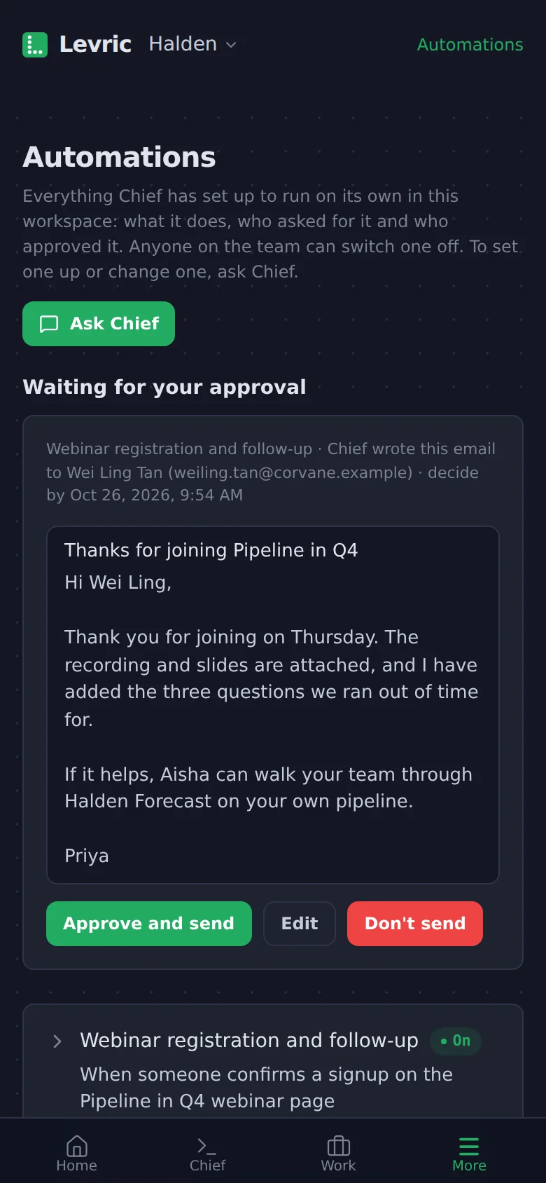 Levric app on a phone: Automations: what runs, who approved it, and what waits for you.