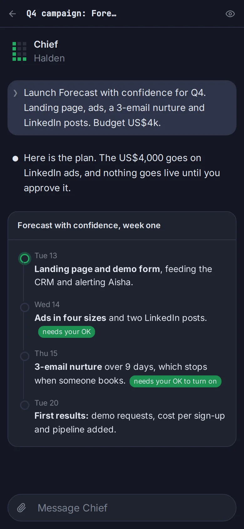 Levric app on a phone: Minta dengan kata-kata biasa. Rencana kembali lengkap dengan tanggal, dan menandai apa yang perlu persetujuan Anda.