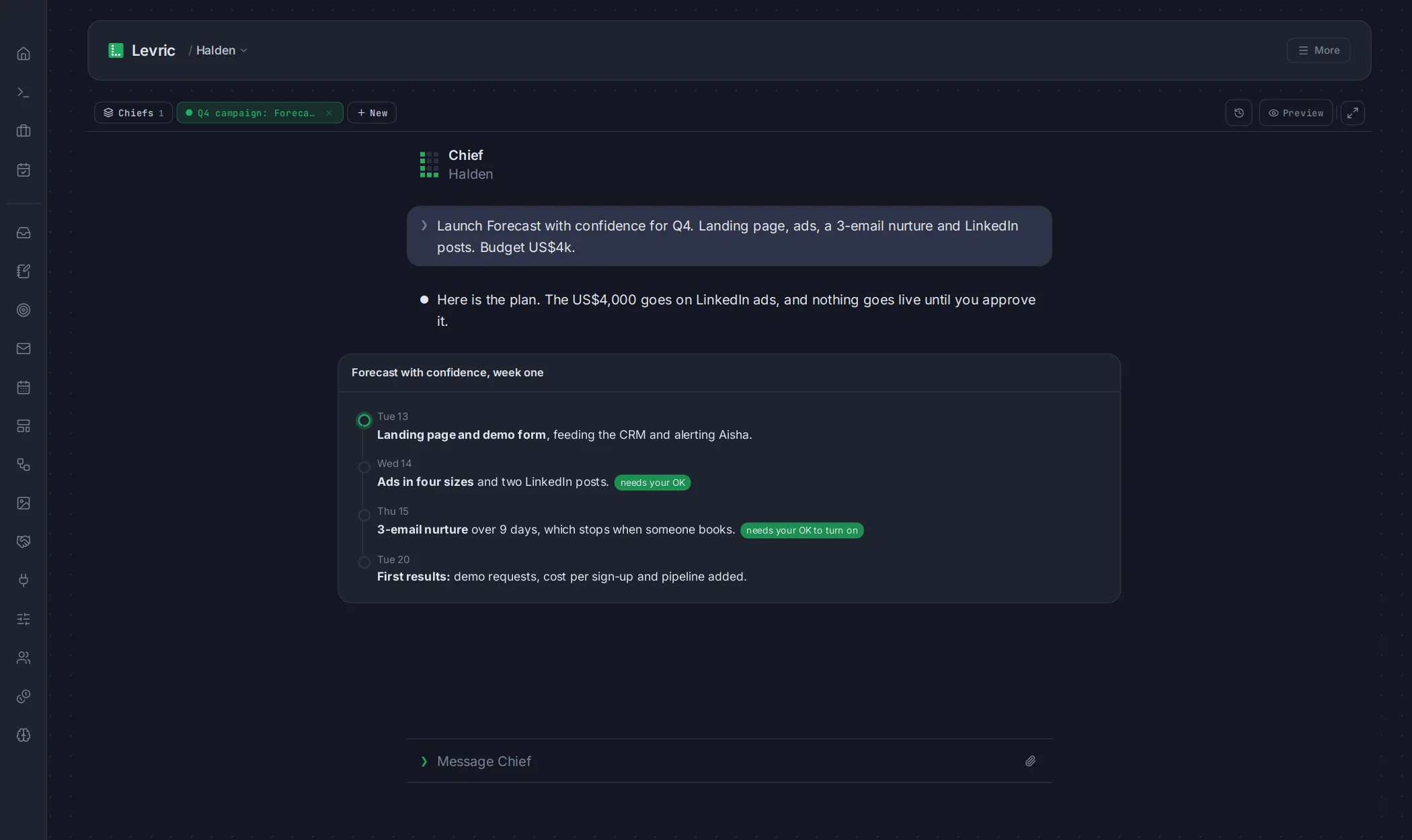 Levric app: Minta dengan kata-kata biasa. Rencana kembali lengkap dengan tanggal, dan menandai apa yang perlu persetujuan Anda.