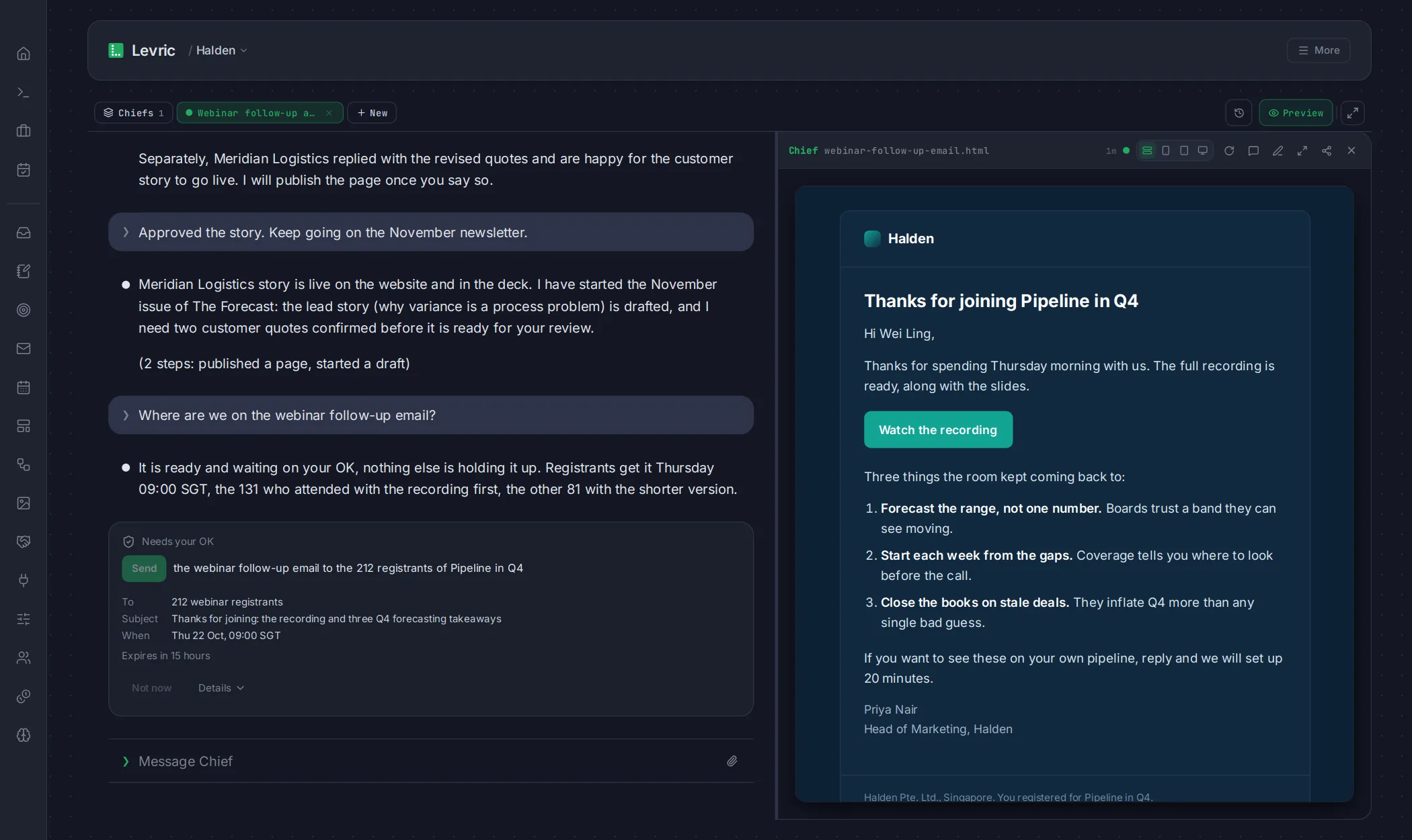 Levric app: The follow-up email in the preview, waiting for your OK.