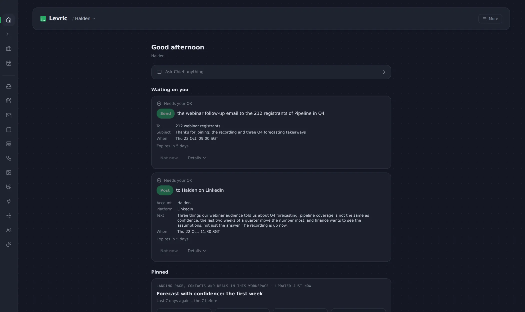 Levric app: An approval card on Home: what it is, who it goes to, and when.