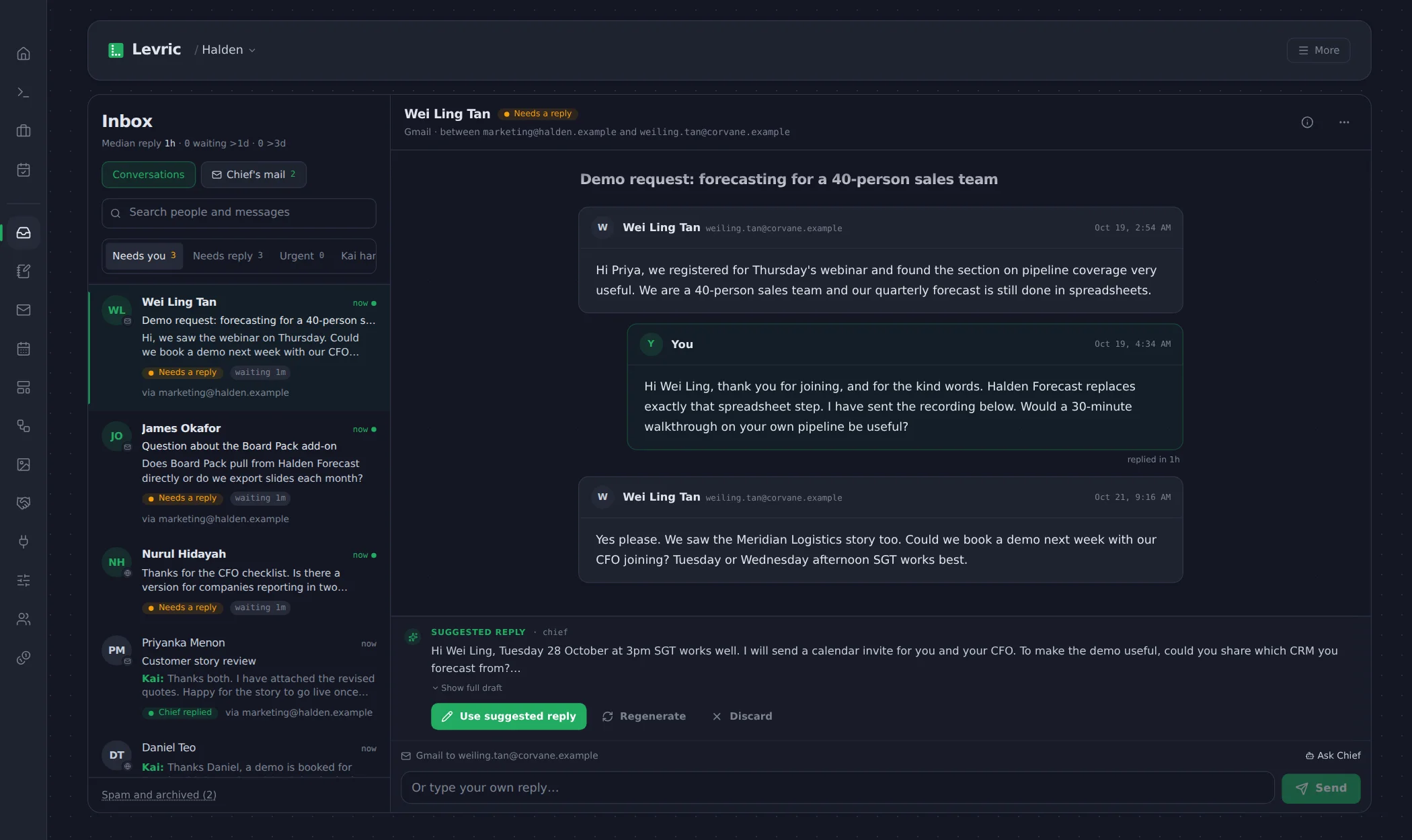 Levric app: The inbox: every lead, with a reply drafted.