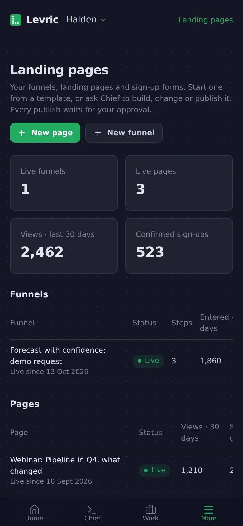 Levric app on a phone: Every page with its views, sign-ups and conversion.