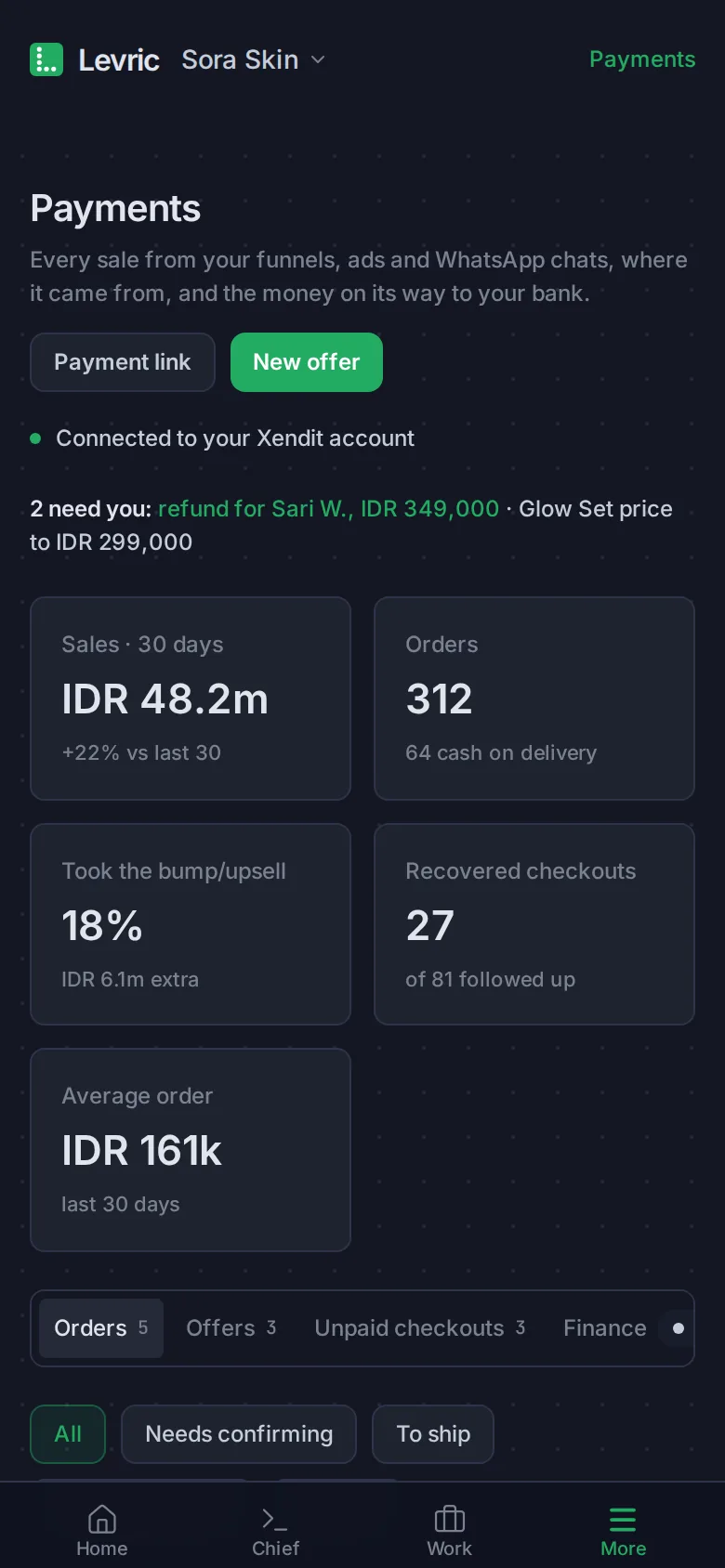 The Payments screen in Levric, with a made-up company