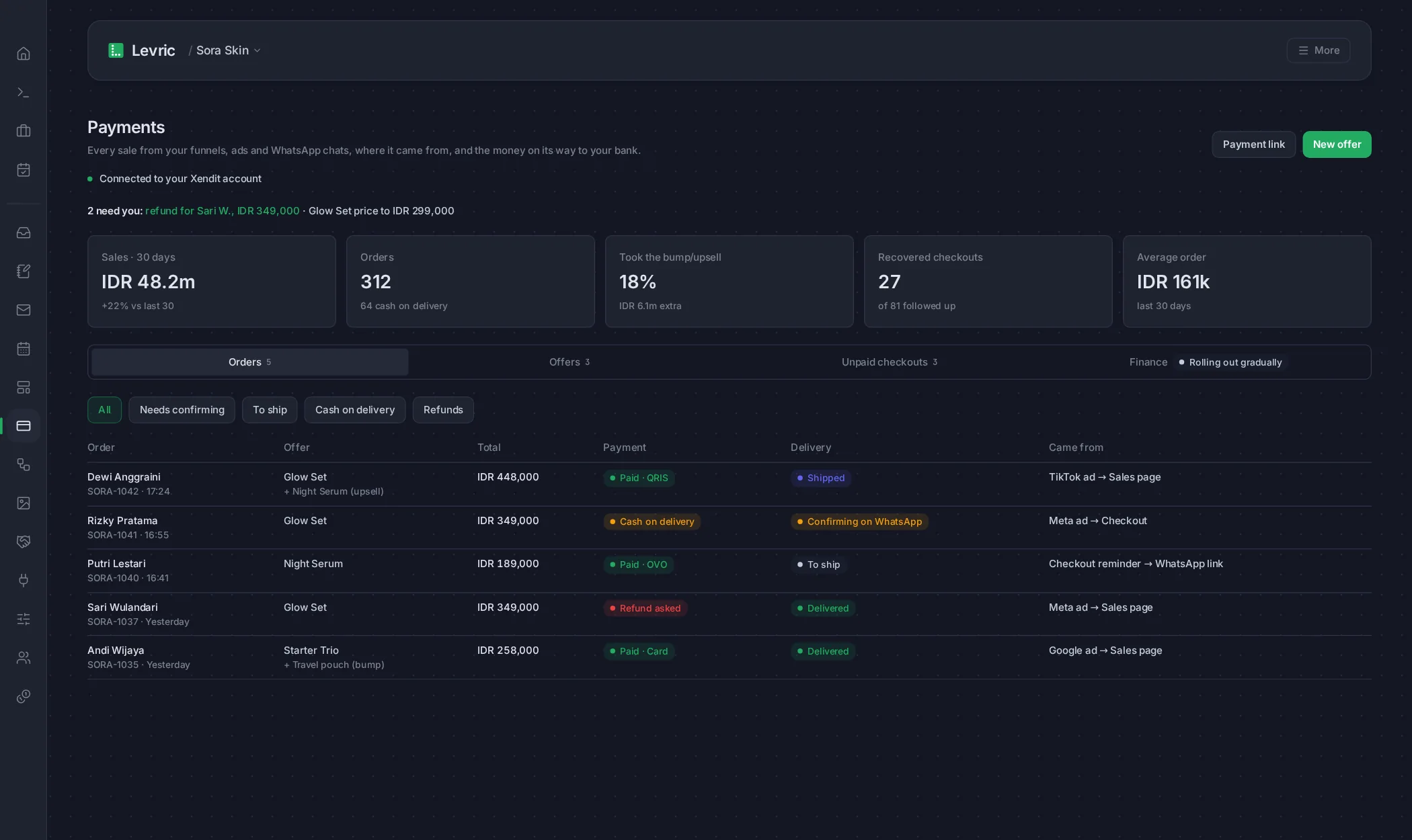 The Payments screen in Levric, with a made-up company