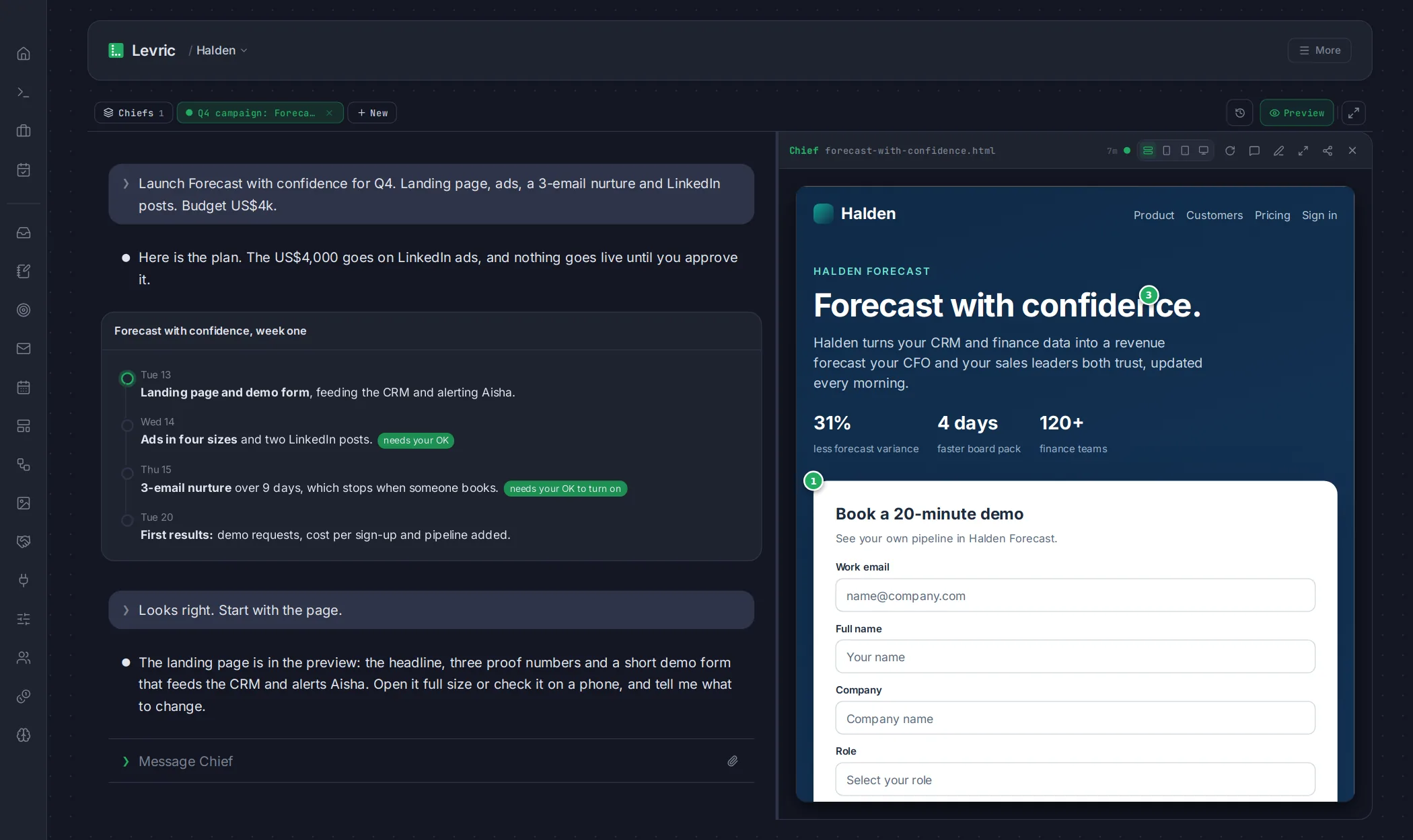 Levric app: The landing page, live in the preview beside the chat.