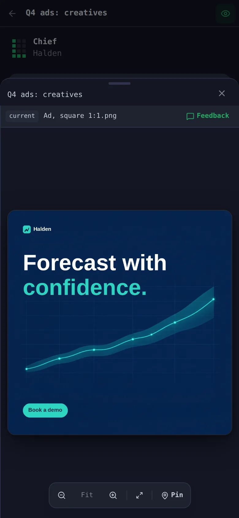 Levric app on a phone: Chief and the ads it made, in the preview beside the chat.