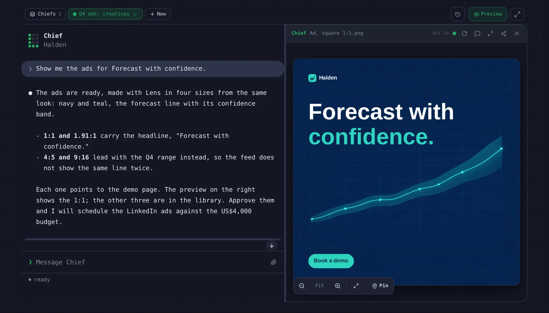 Levric app: Chief and the ads it made, in the preview beside the chat.