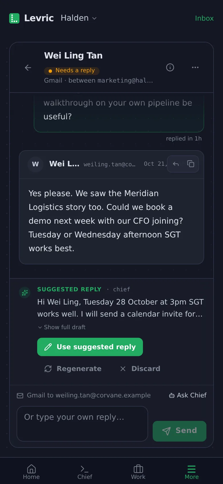 Levric app on a phone: The inbox: every lead, with a reply drafted.
