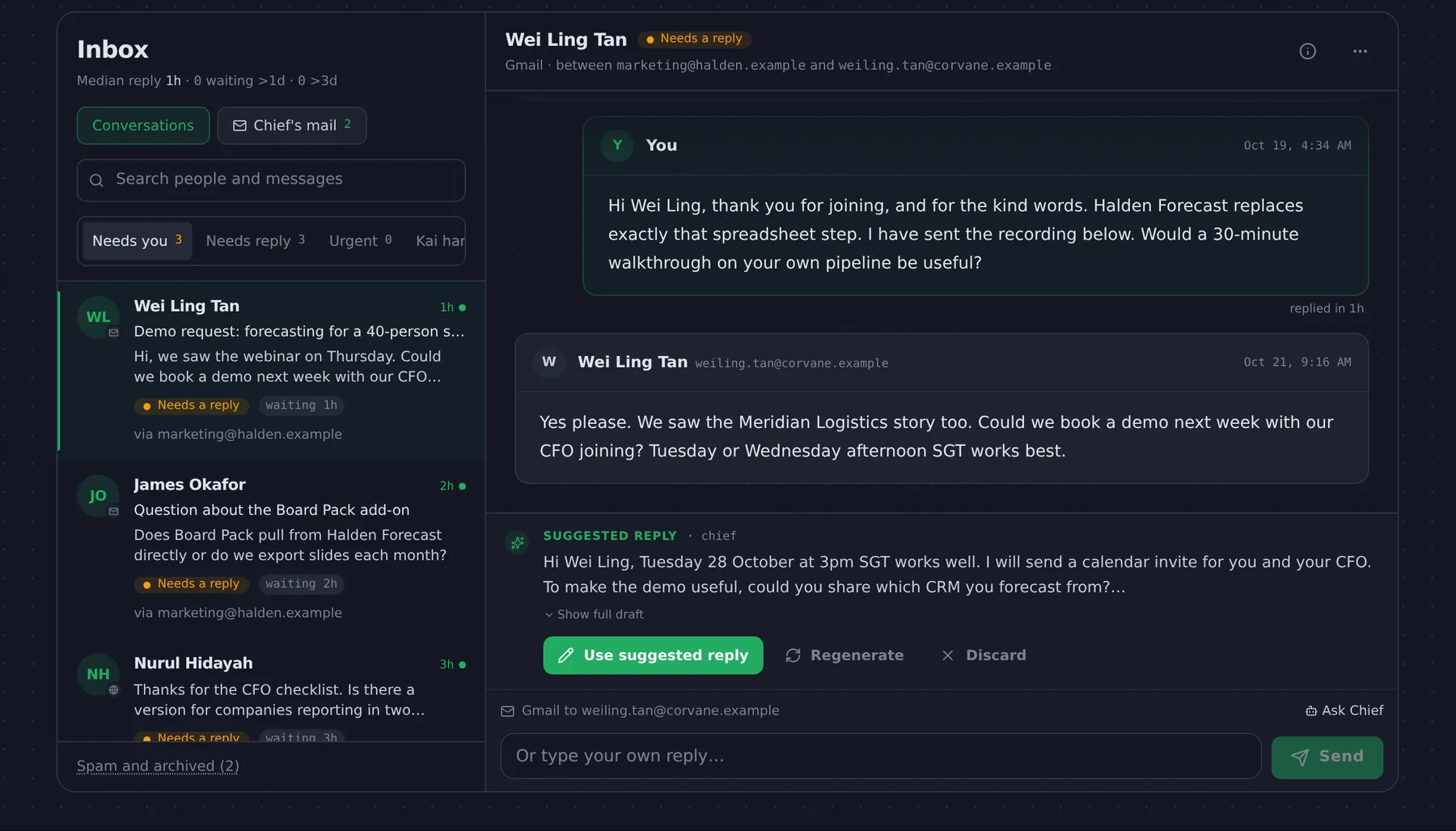 Levric app: The inbox: every lead, with a reply drafted.